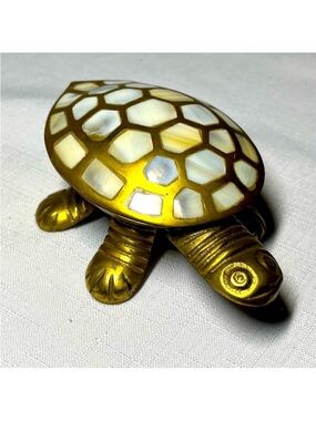 Brass Turtle Trinket Box, footed ring dish with inlaid mother of pearl. Vintage
